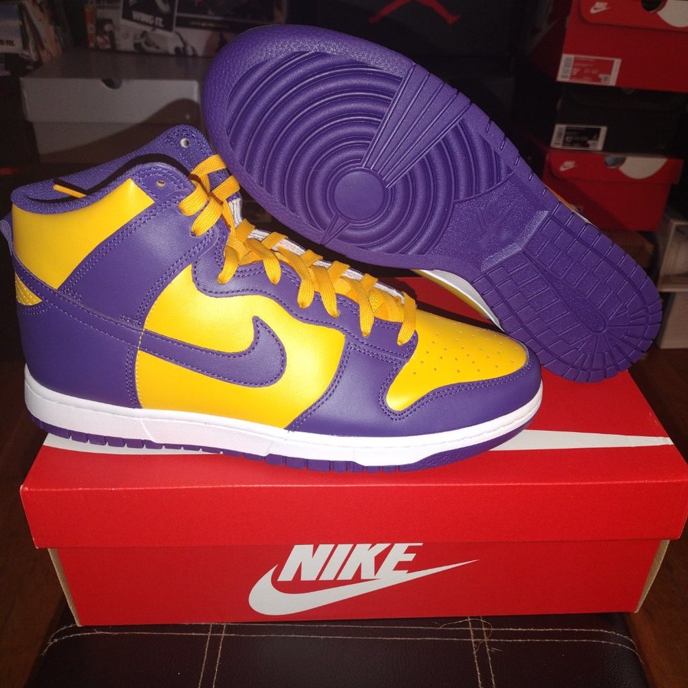 SOLD  New In Box Deadstock Nike Dunk High Lakers Size 10.5